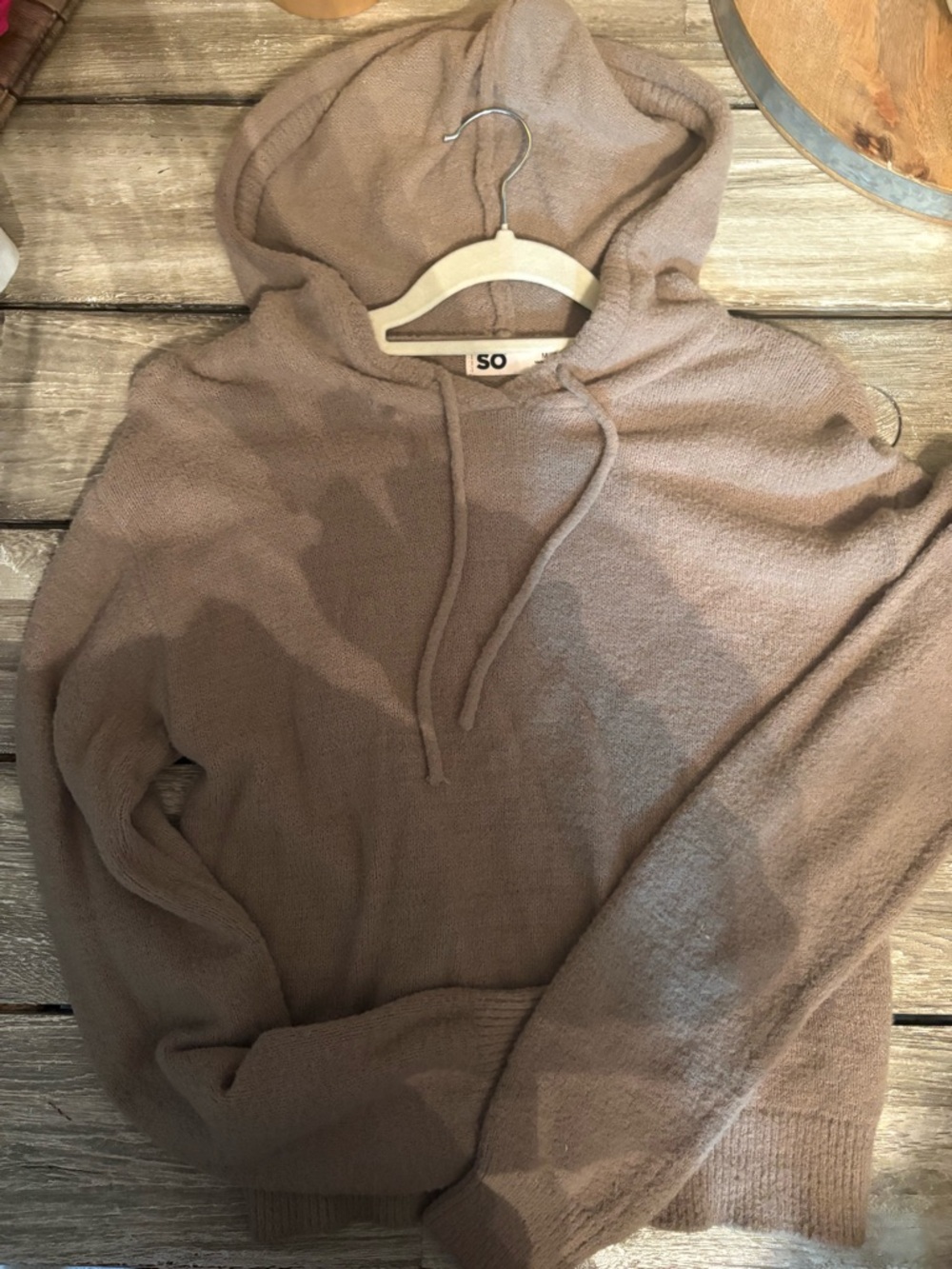 SO Woman’s Crewneck Hooded Sweater in Taupe